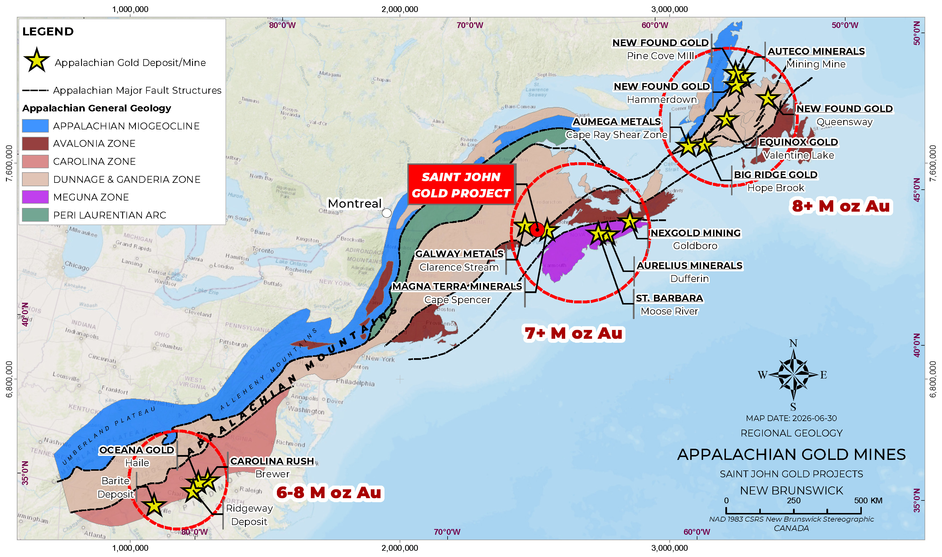 Regional map showing the Appalachian gold trend through the northern Appalachians and the position of the Lepreau District