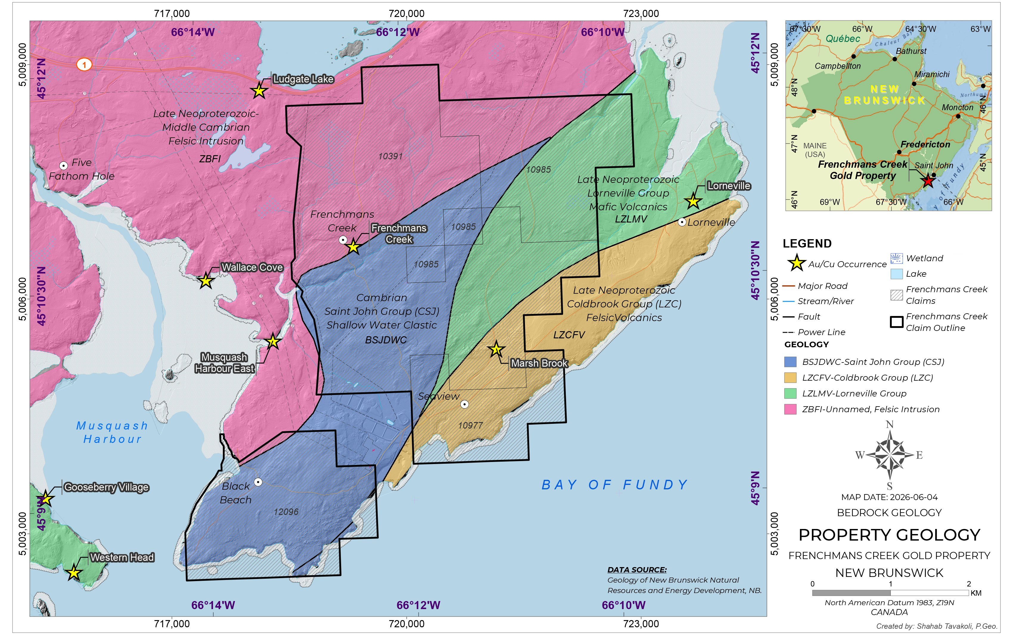 Bedrock geology map of the Frenchmans Creek property, southern New Brunswick, showing claim outlines and historical Au/Cu sample occurrences