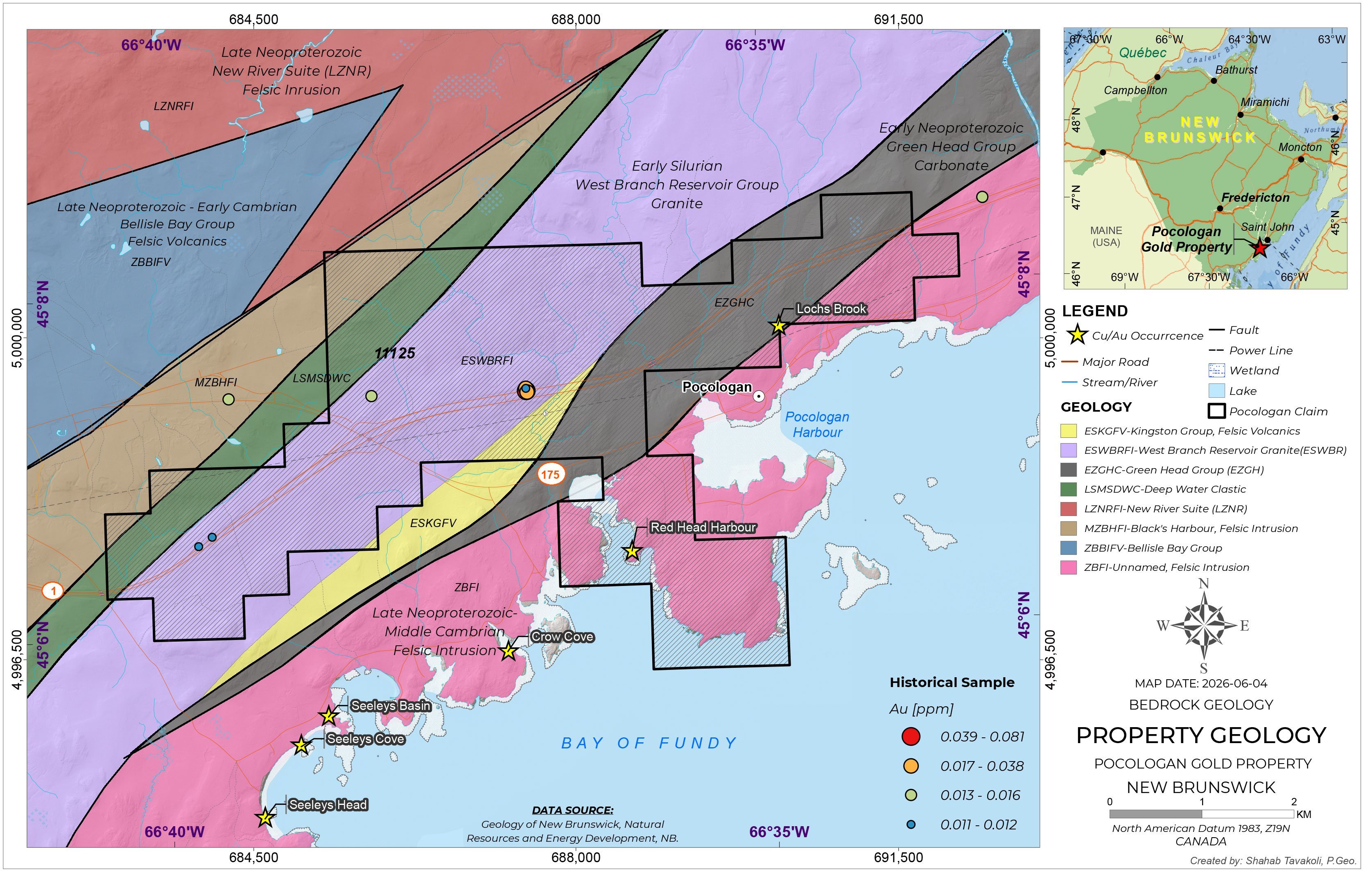 Bedrock geology map of the Pocologan property, southern New Brunswick, showing claim outlines and historical Cu/Au sample occurrences