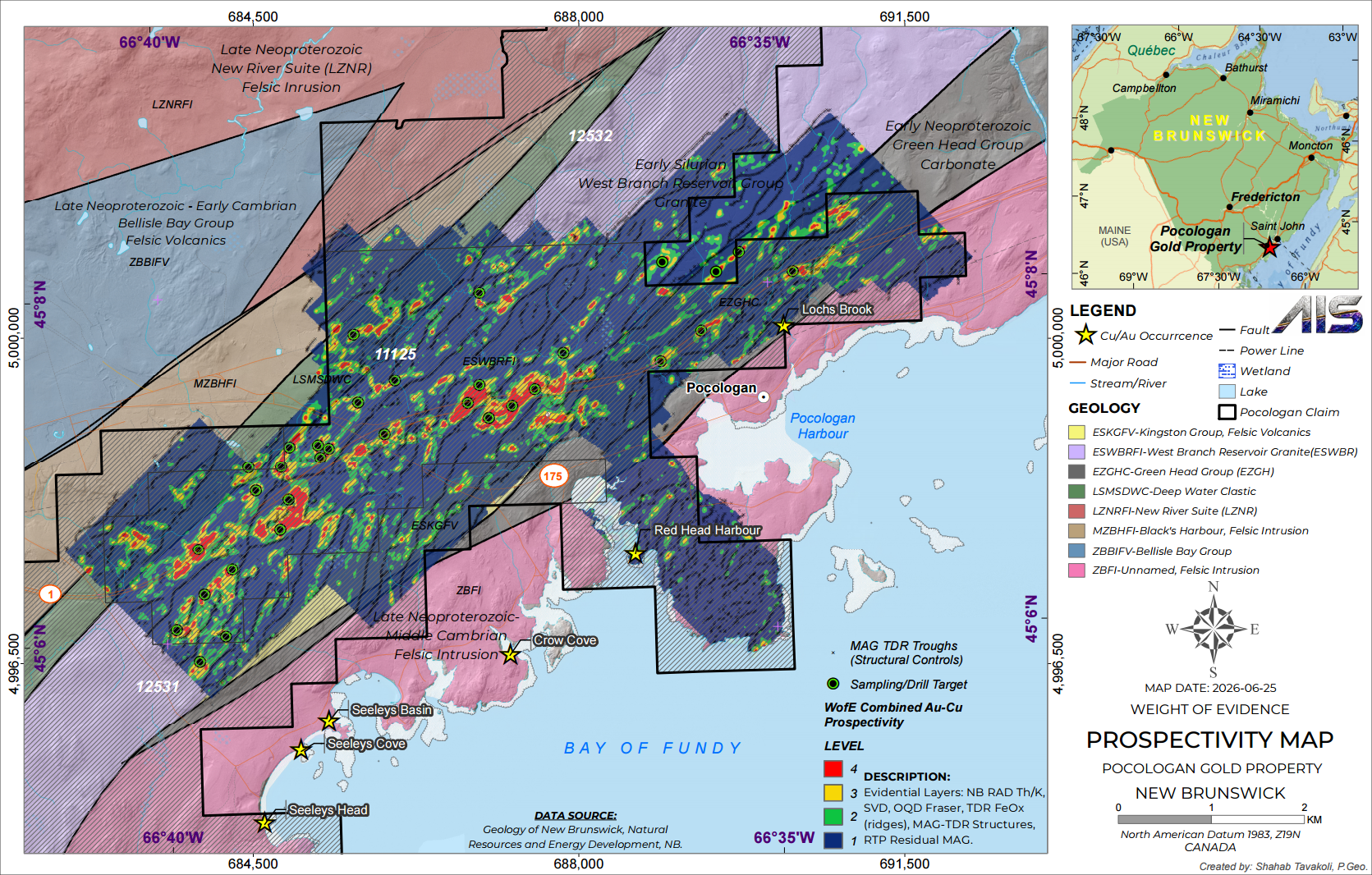 Weight-of-Evidence combined gold-copper prospectivity map across the Pocologan claim block with ranked target levels