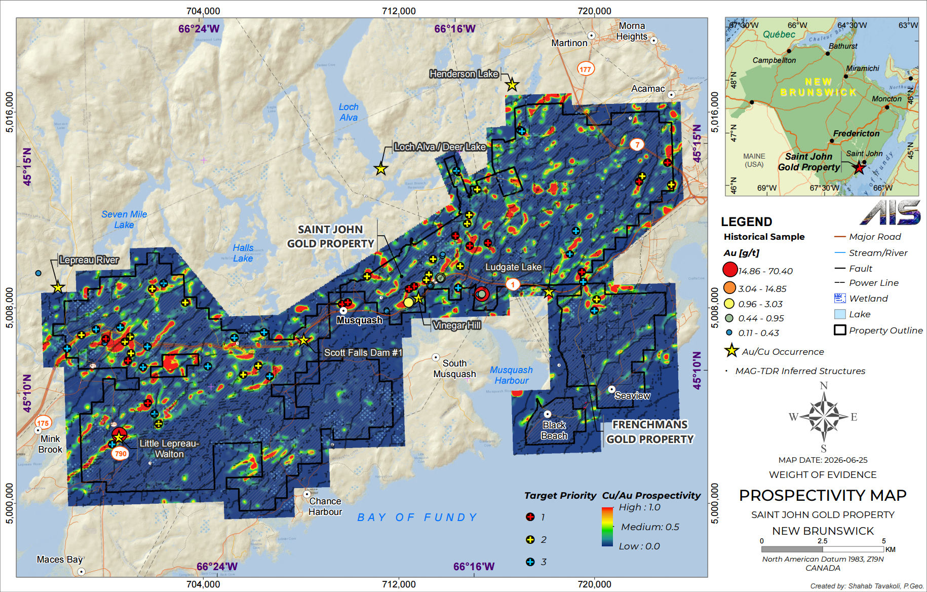 Weight-of-Evidence combined copper-gold prospectivity map of the Saint John corridor with ranked Priority 1–3 drill targets