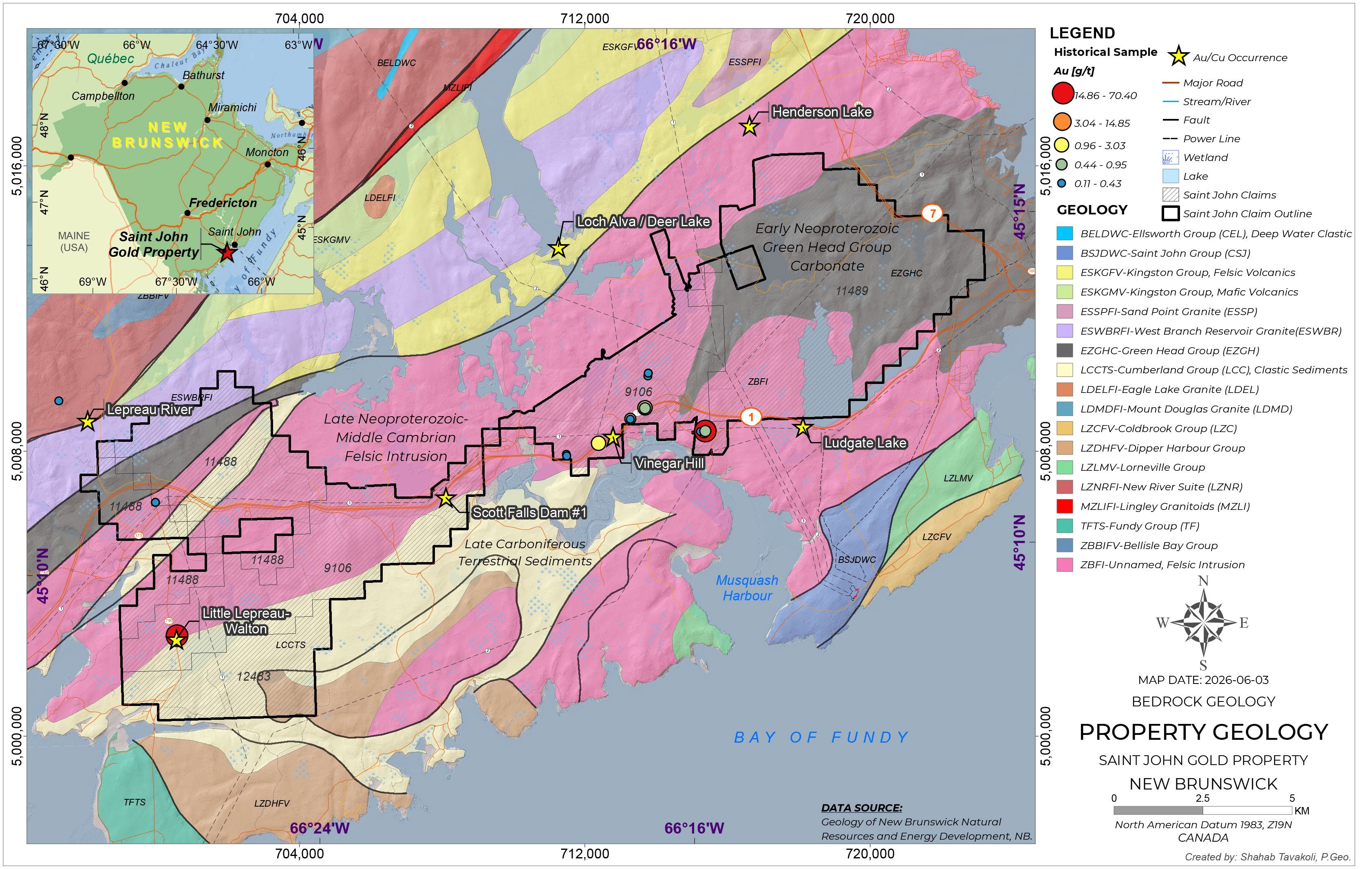 Bedrock geology map of the Saint John property, Lepreau District, New Brunswick, showing claim outlines and historical Au/Cu sample occurrences