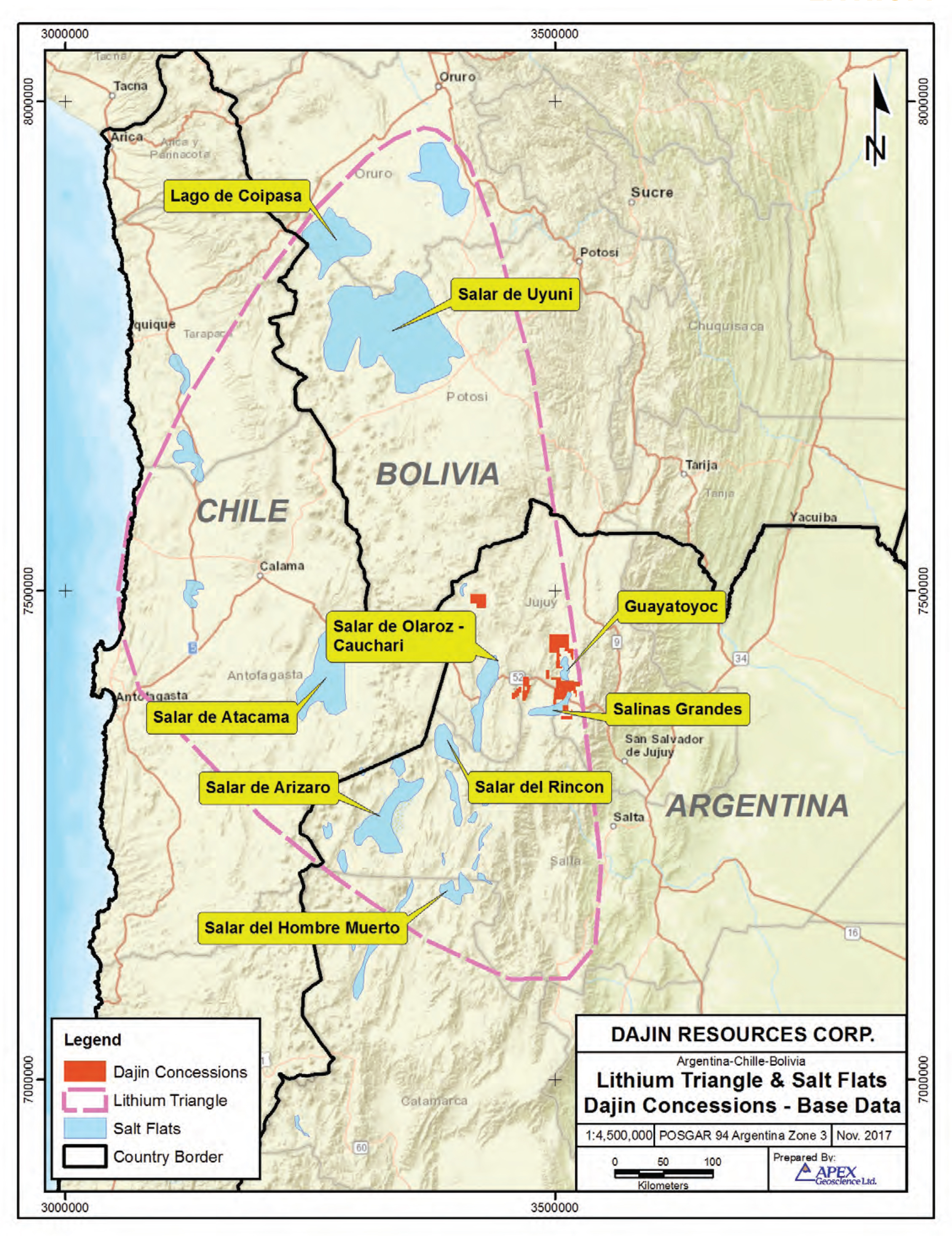 Lithium in Chile, Argentina, and Bolivia triangle in South America from AIS 